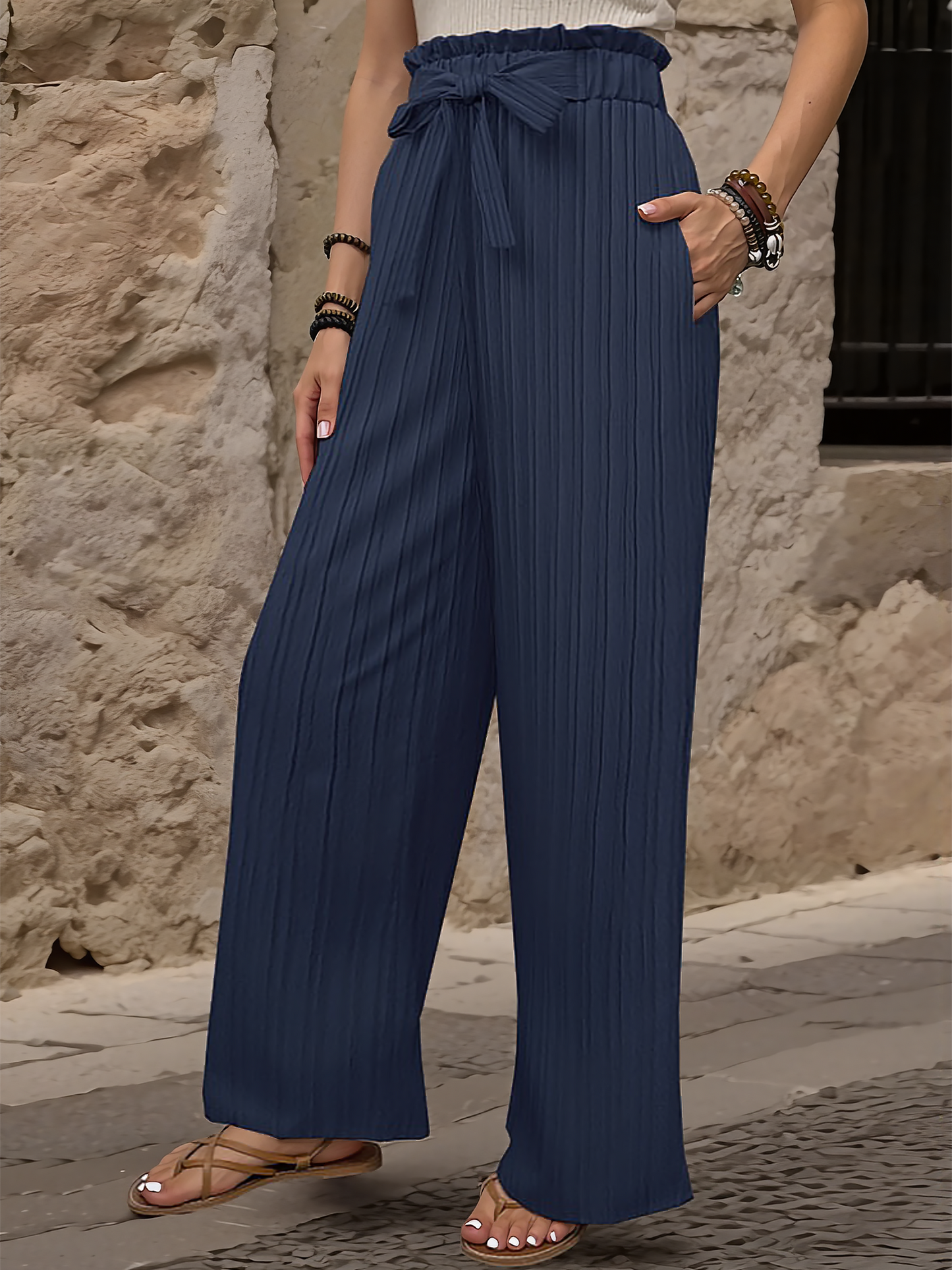 Ruffle Bow Tie Straight Legs Textured Paper Bag Pants