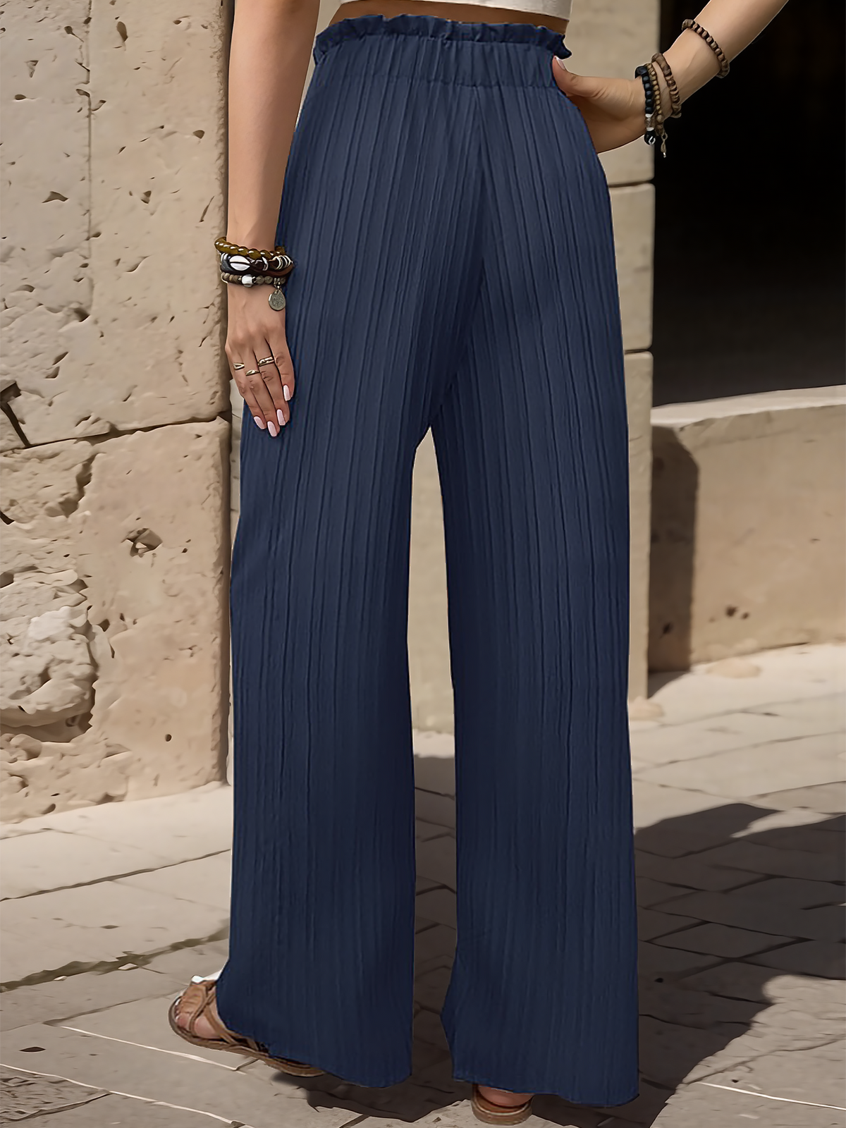 Ruffle Bow Tie Straight Legs Textured Paper Bag Pants