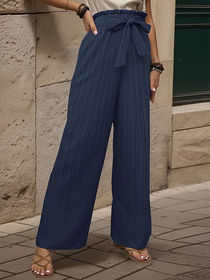 Ruffle Bow Tie Straight Legs Textured Paper Bag Pants