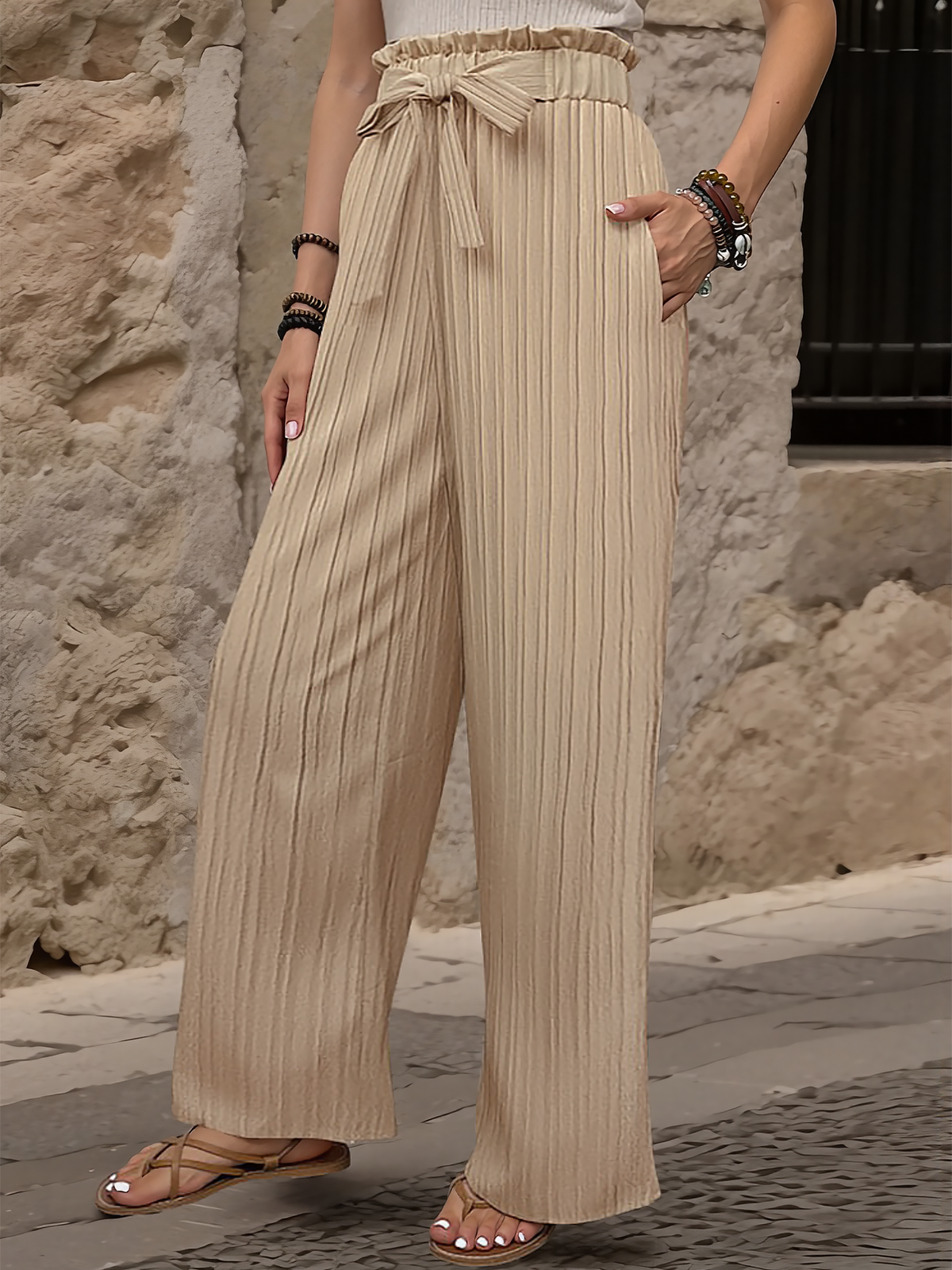 Ruffle Bow Tie Straight Legs Textured Paper Bag Pants