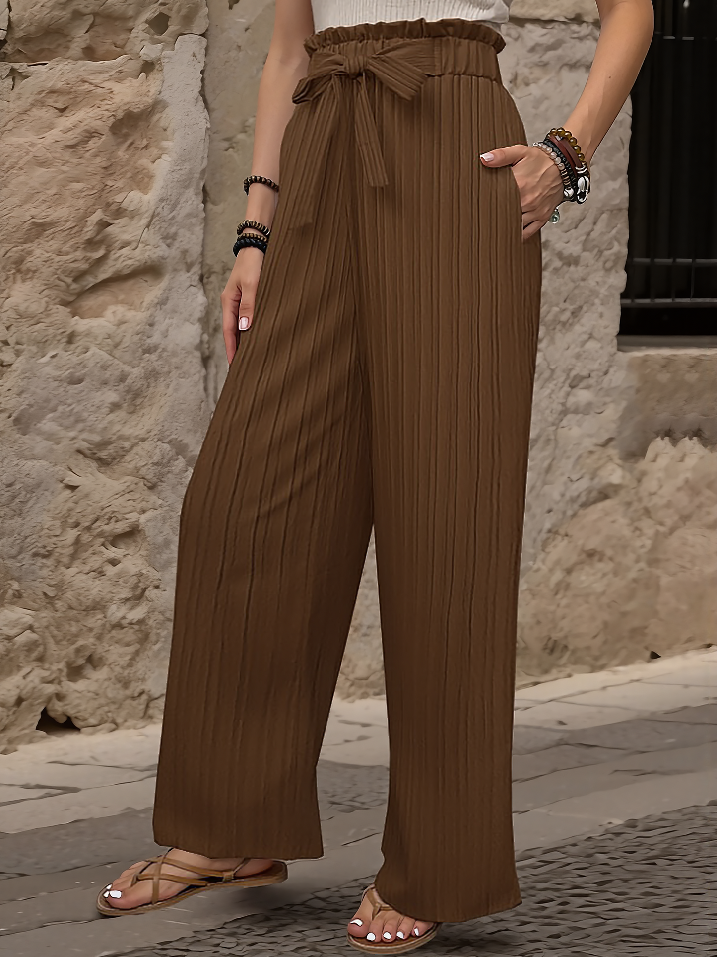 Ruffle Bow Tie Straight Legs Textured Paper Bag Pants