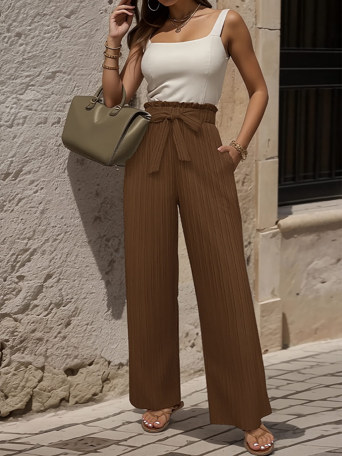 Ruffle Bow Tie Straight Legs Textured Paper Bag Pants