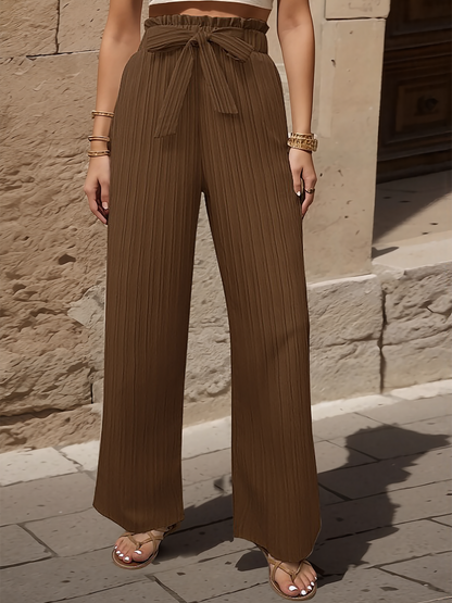 Ruffle Bow Tie Straight Legs Textured Paper Bag Pants