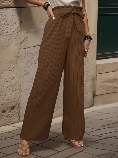 Ruffle Bow Tie Straight Legs Textured Paper Bag Pants