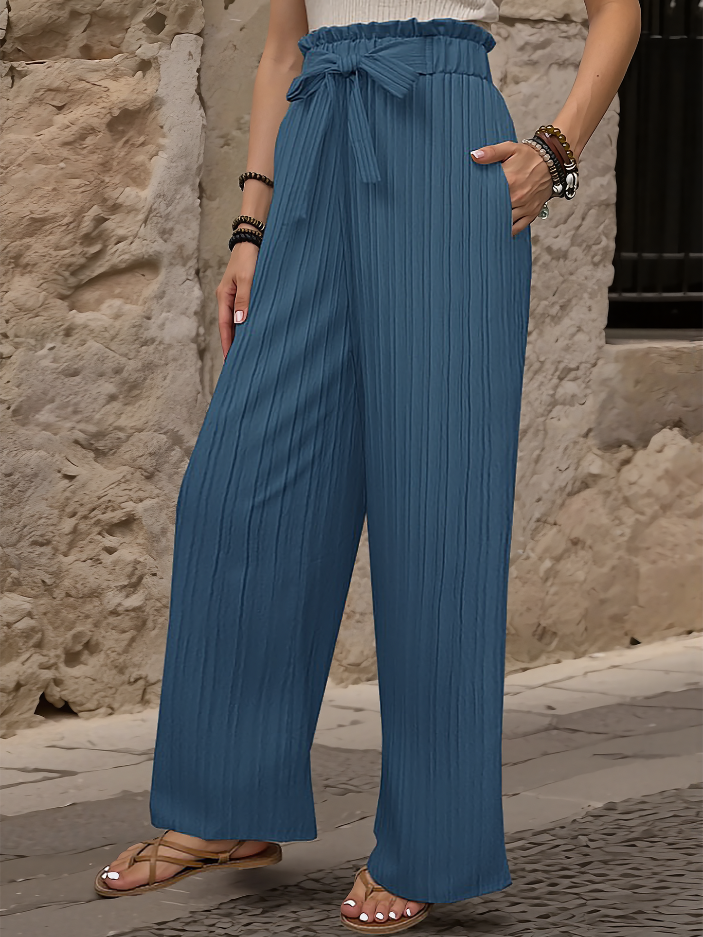 Ruffle Bow Tie Straight Legs Textured Paper Bag Pants