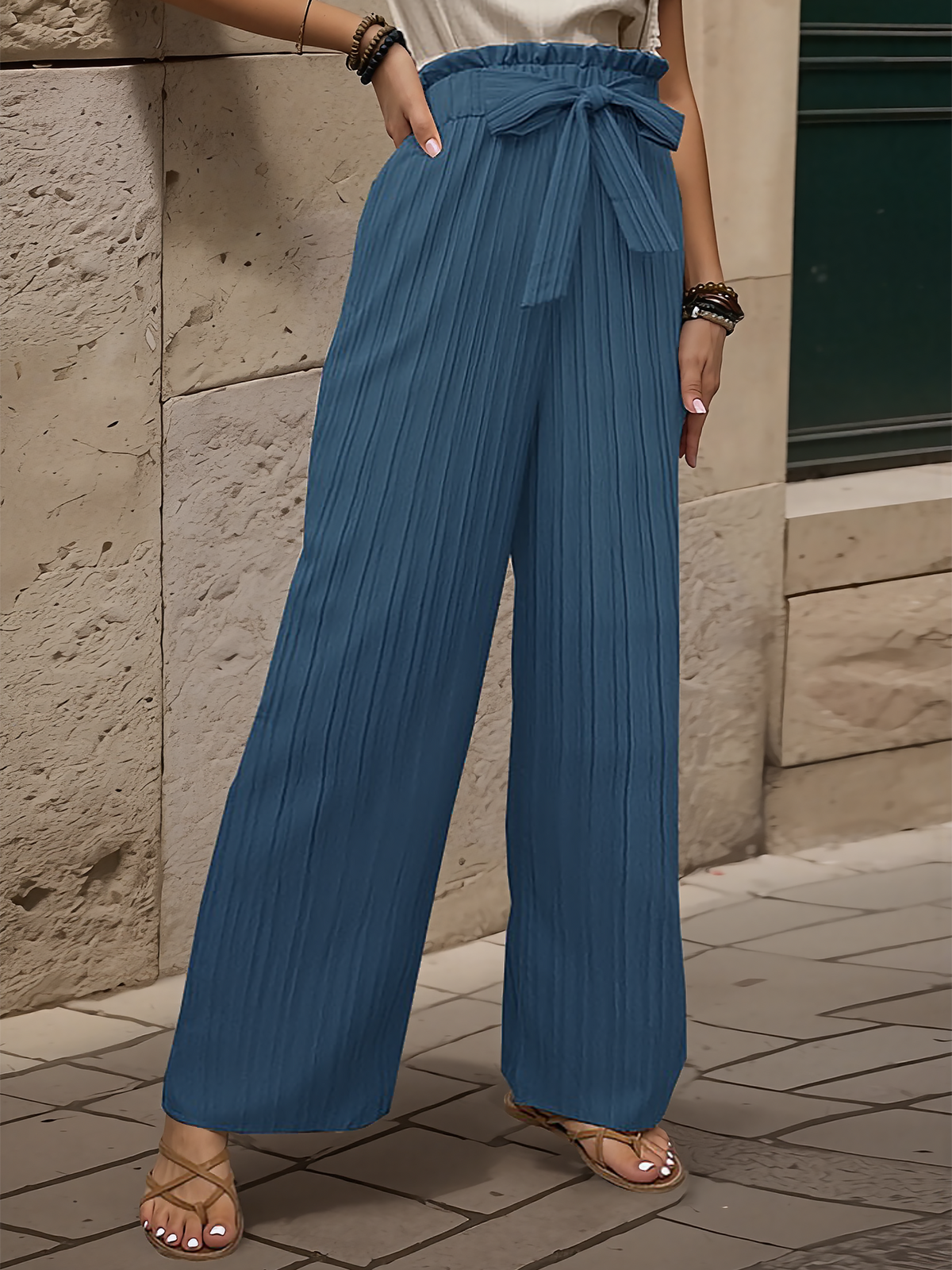 Ruffle Bow Tie Straight Legs Textured Paper Bag Pants