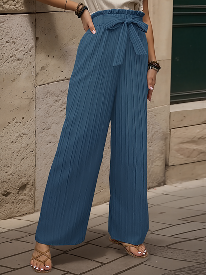 Ruffle Bow Tie Straight Legs Textured Paper Bag Pants