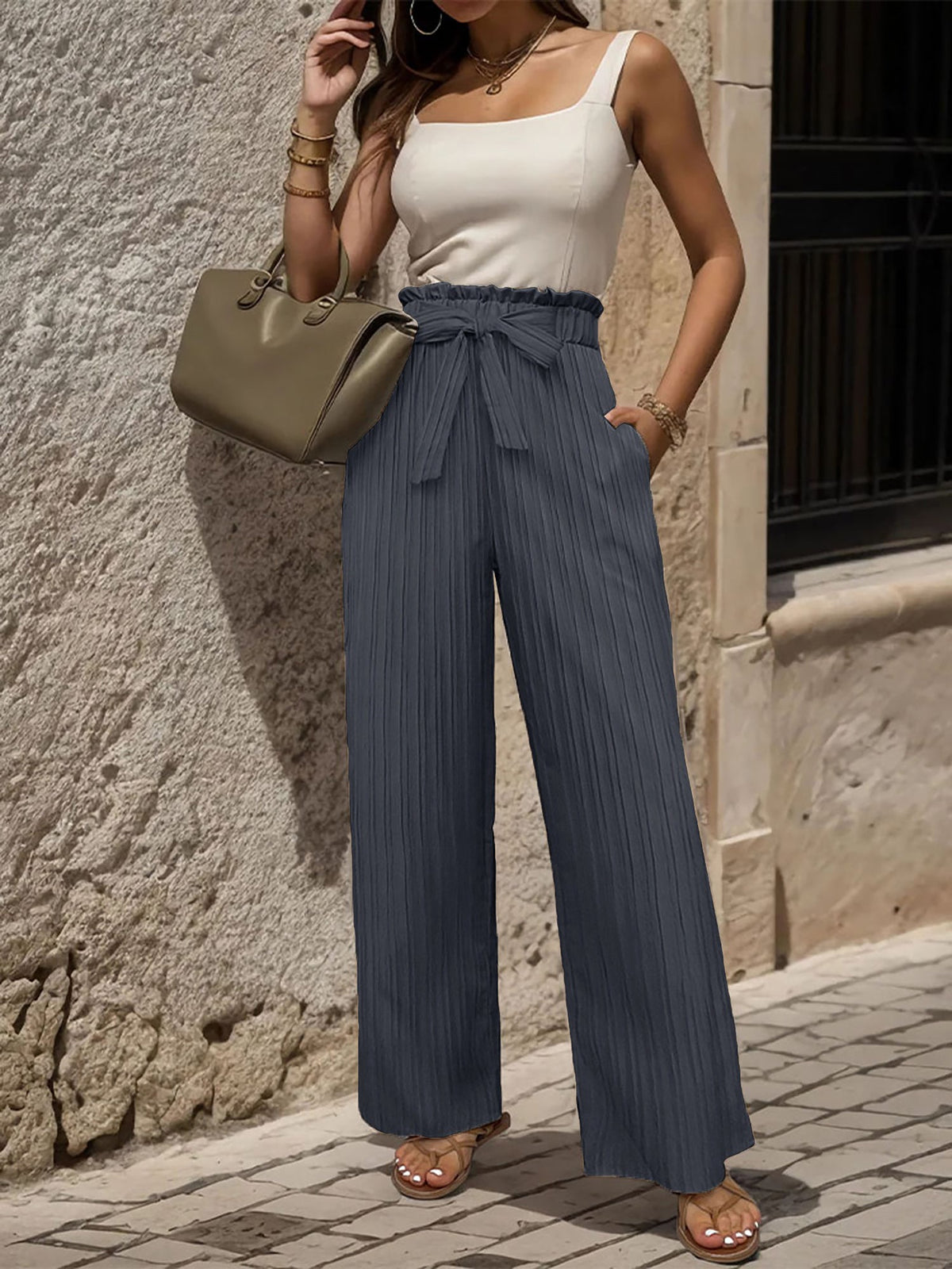 Ruffle Bow Tie Straight Legs Textured Paper Bag Pants