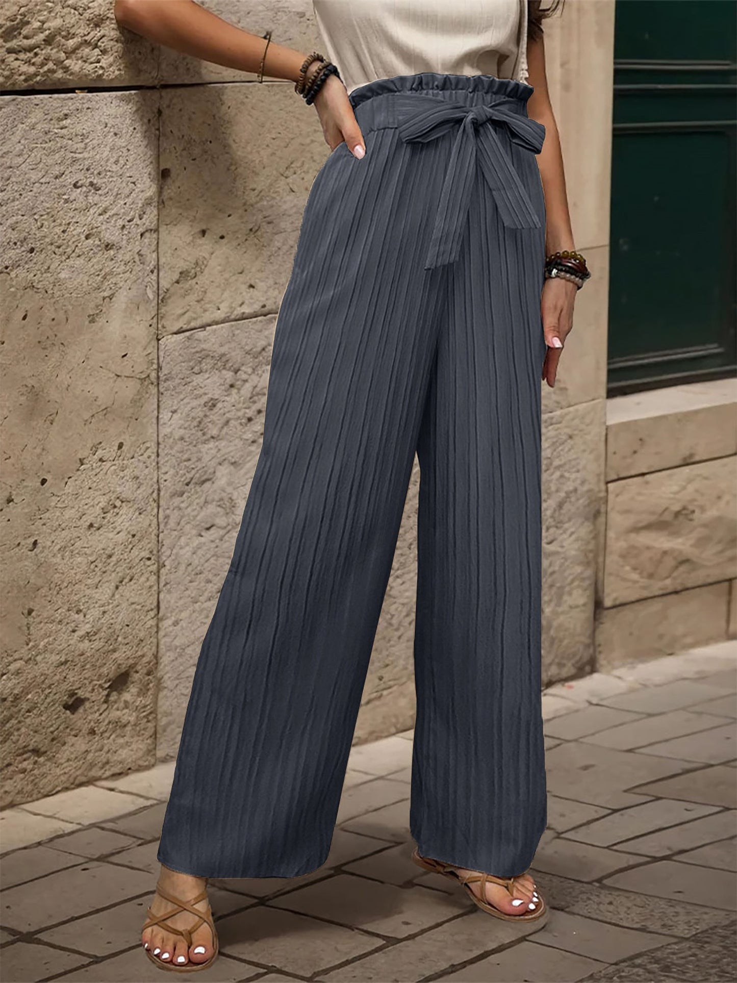 Ruffle Bow Tie Straight Legs Textured Paper Bag Pants