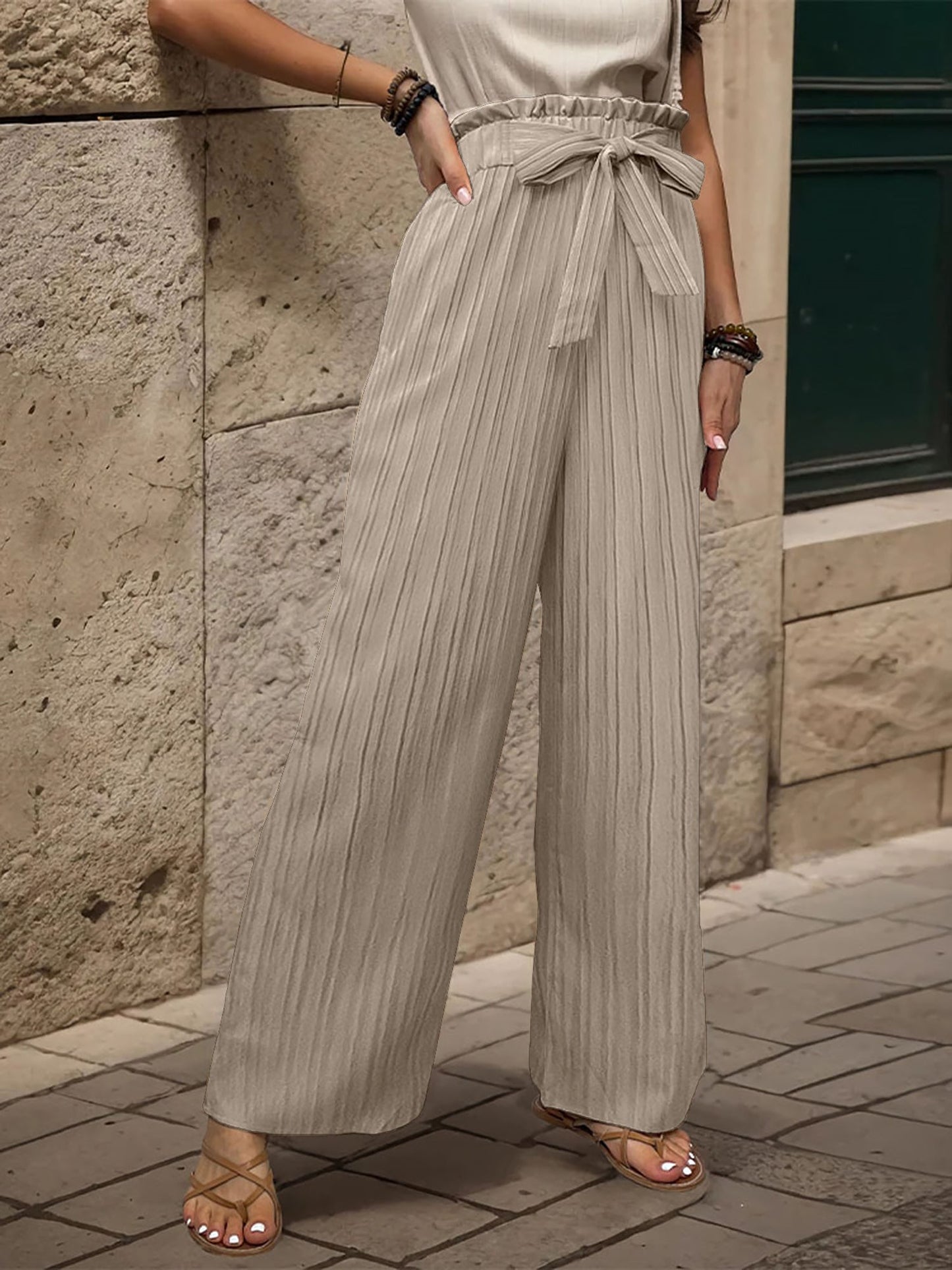 Ruffle Bow Tie Straight Legs Textured Paper Bag Pants