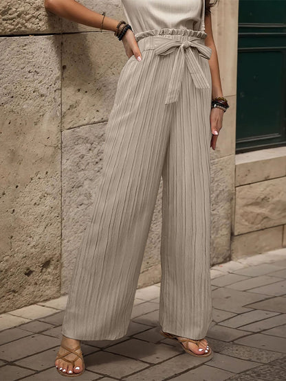 Ruffle Bow Tie Straight Legs Textured Paper Bag Pants