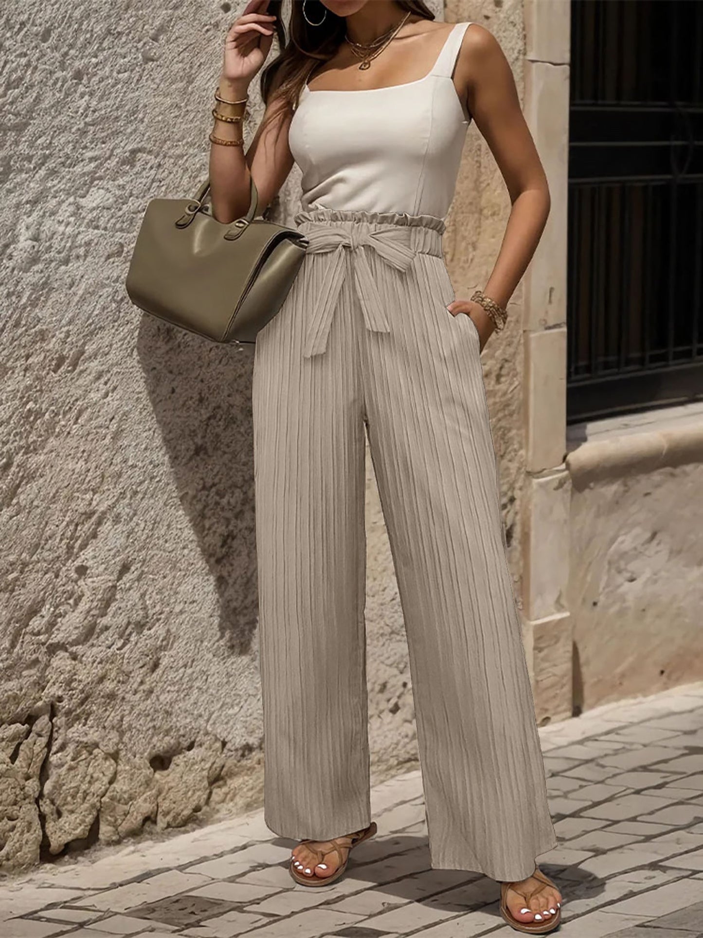 Ruffle Bow Tie Straight Legs Textured Paper Bag Pants