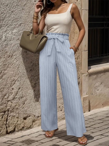 Ruffle Bow Tie Straight Legs Textured Paper Bag Pants