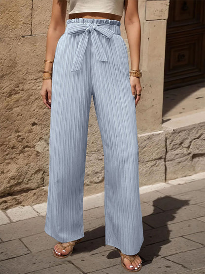 Ruffle Bow Tie Straight Legs Textured Paper Bag Pants