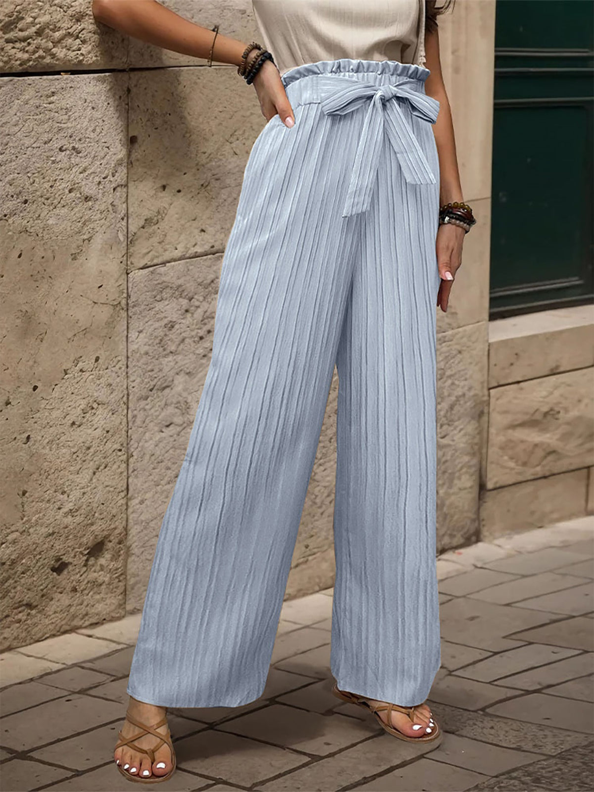 Ruffle Bow Tie Straight Legs Textured Paper Bag Pants