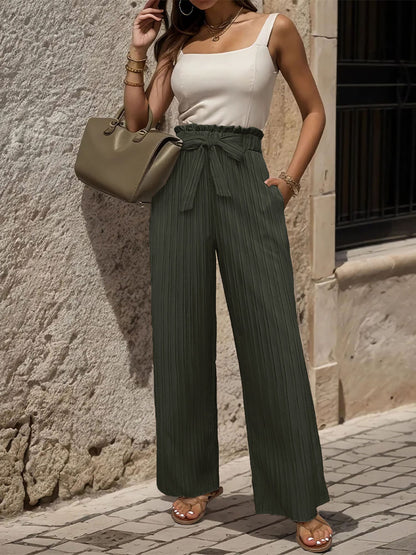 Ruffle Bow Tie Straight Legs Textured Paper Bag Pants