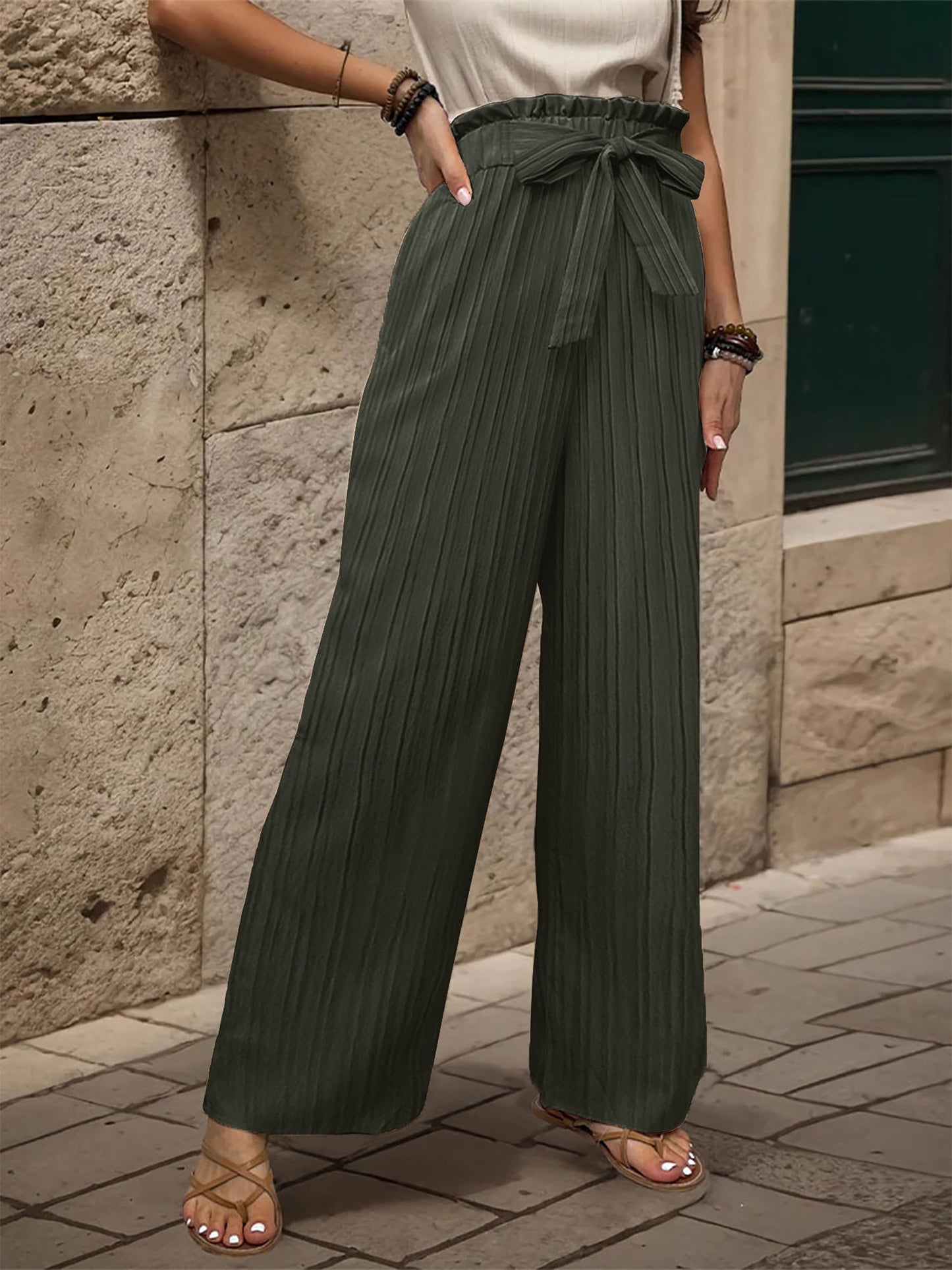 Ruffle Bow Tie Straight Legs Textured Paper Bag Pants