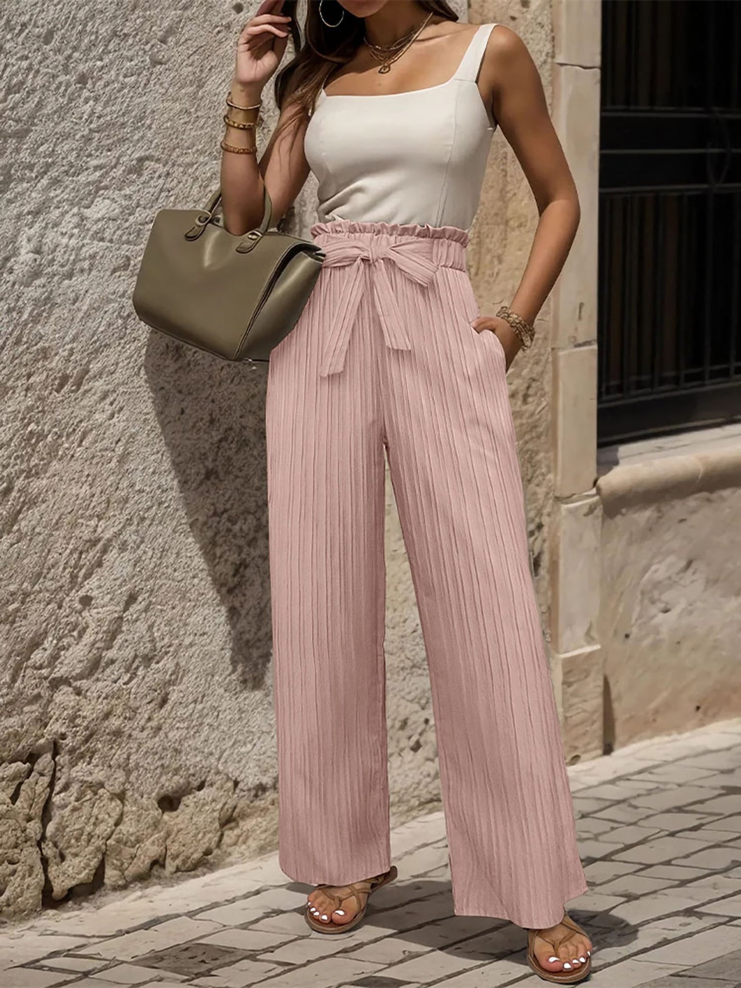 Ruffle Bow Tie Straight Legs Textured Paper Bag Pants
