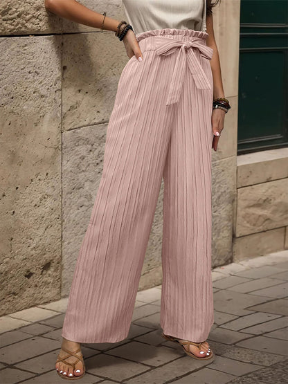 Ruffle Bow Tie Straight Legs Textured Paper Bag Pants