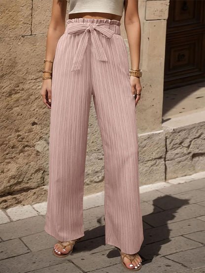 Ruffle Bow Tie Straight Legs Textured Paper Bag Pants
