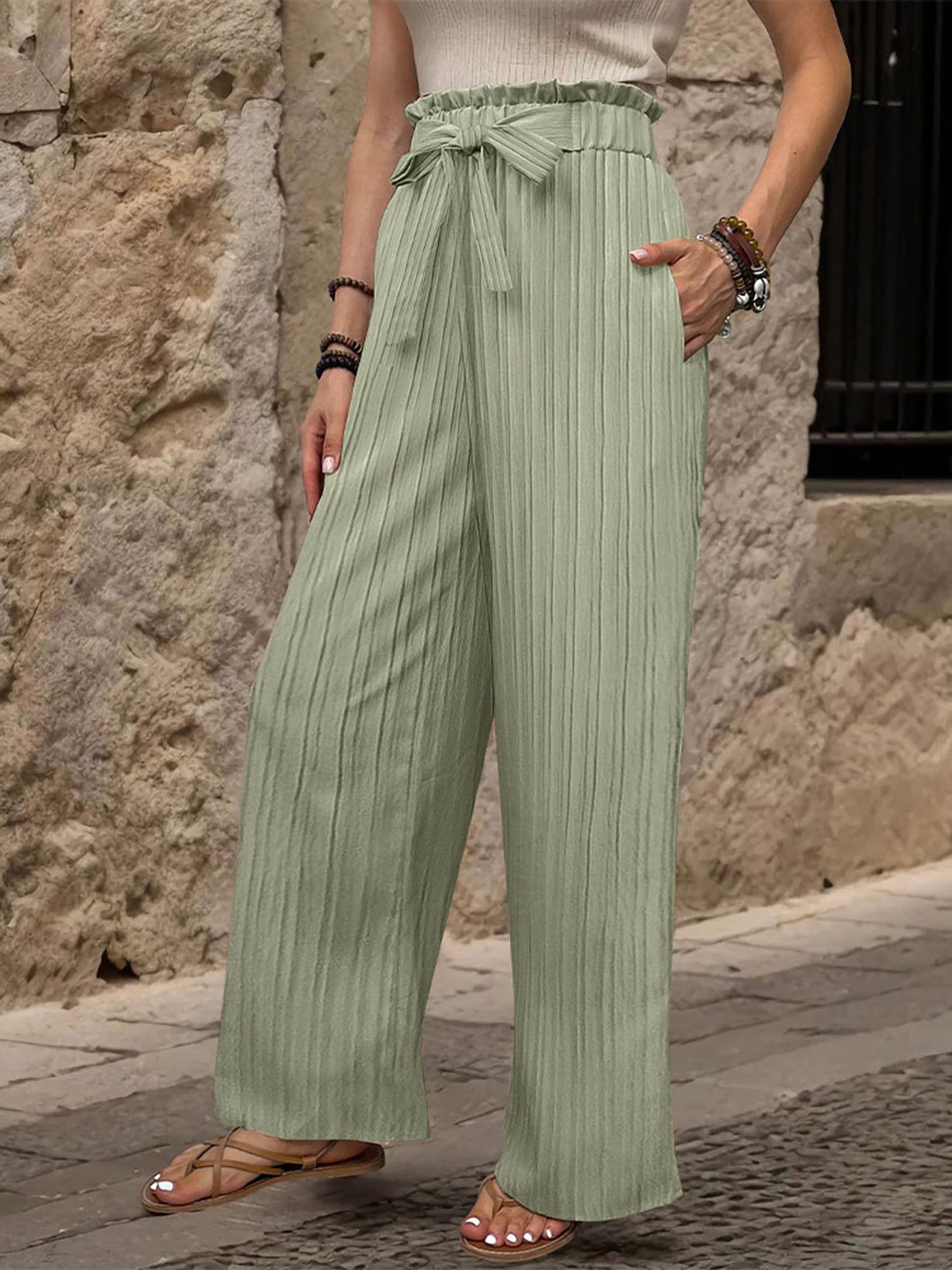 Ruffle Bow Tie Straight Legs Textured Paper Bag Pants