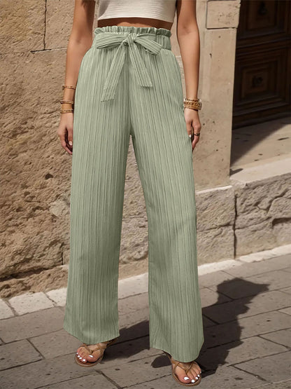 Ruffle Bow Tie Straight Legs Textured Paper Bag Pants