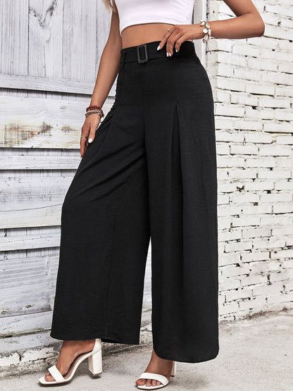 Solid Color Belted High Waist Pleated Wide Leg Pants