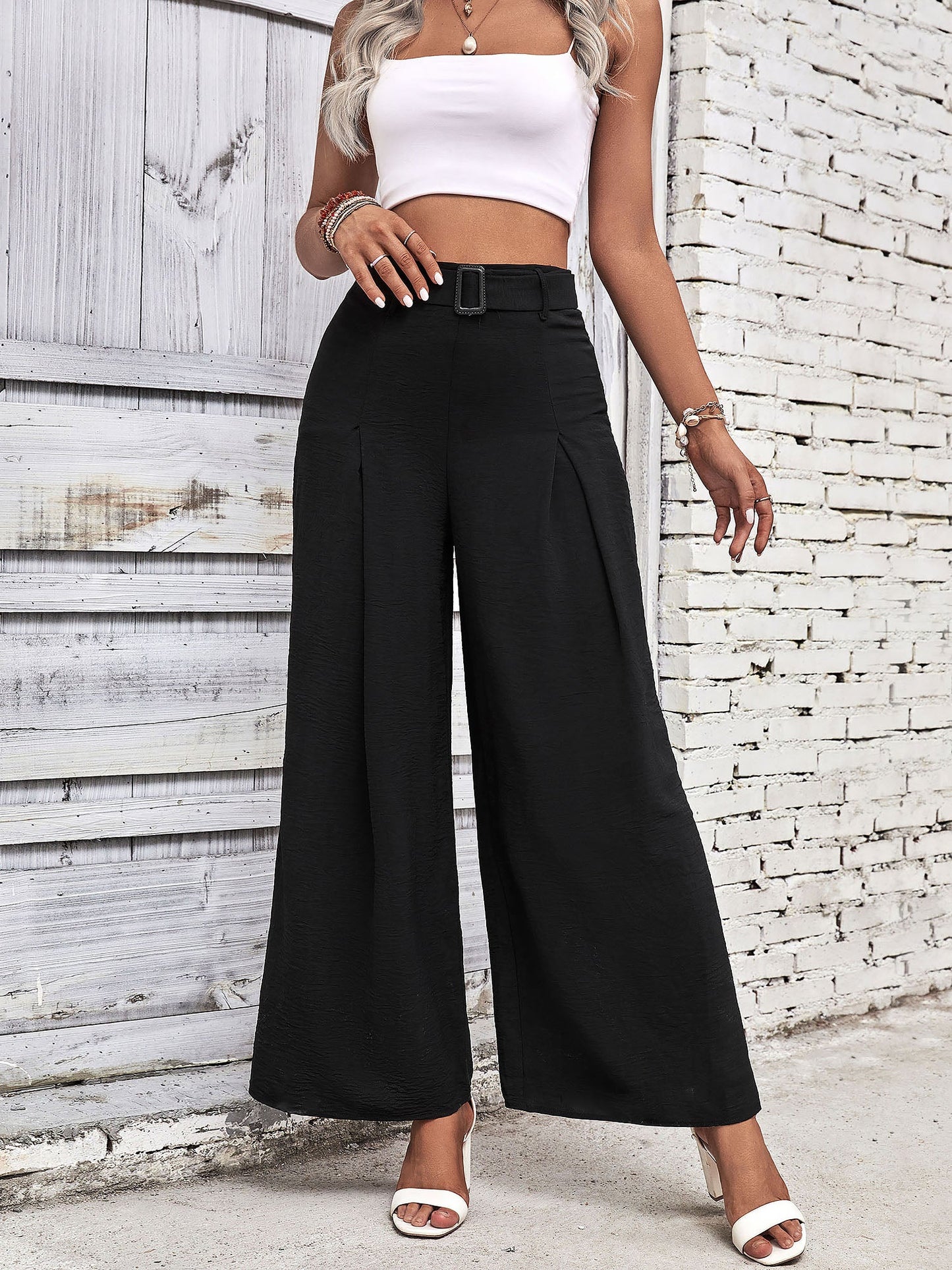 Solid Color Belted High Waist Pleated Wide Leg Pants
