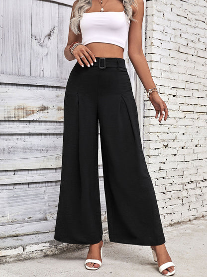 Solid Color Belted High Waist Pleated Wide Leg Pants