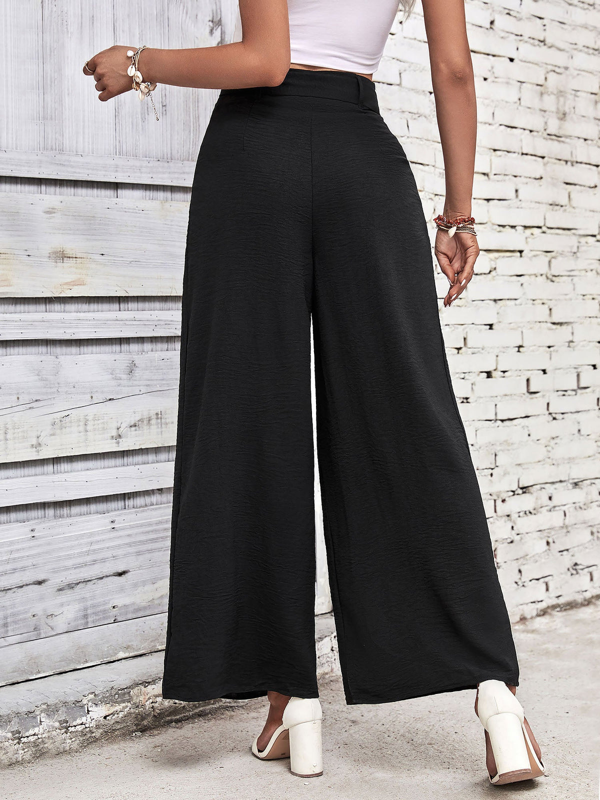 Solid Color Belted High Waist Pleated Wide Leg Pants