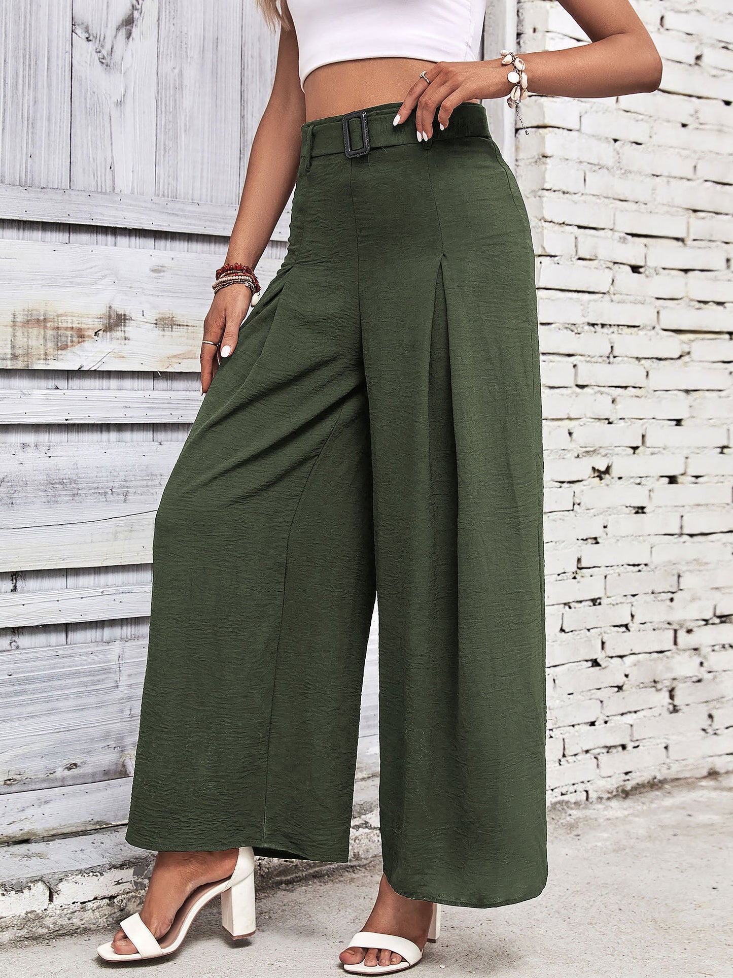 Solid Color Belted High Waist Pleated Wide Leg Pants