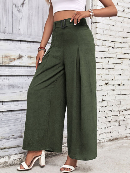 Solid Color Belted High Waist Pleated Wide Leg Pants