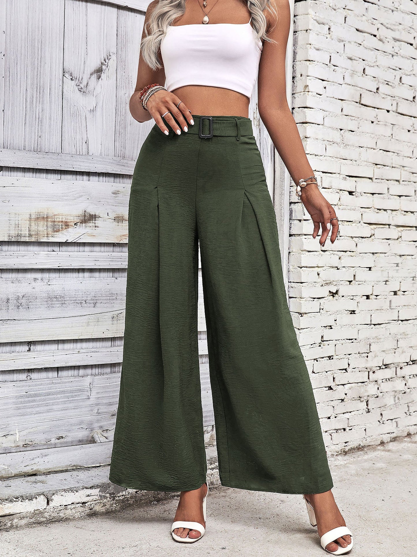 Solid Color Belted High Waist Pleated Wide Leg Pants