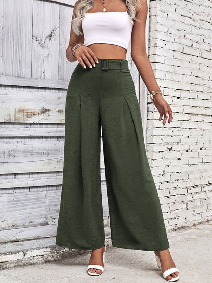 Solid Color Belted High Waist Pleated Wide Leg Pants