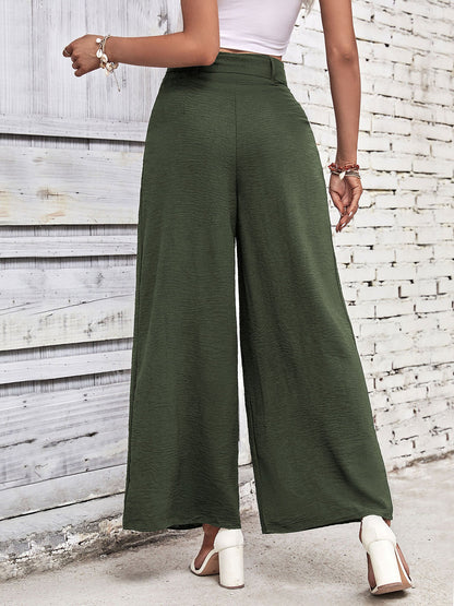 Solid Color Belted High Waist Pleated Wide Leg Pants