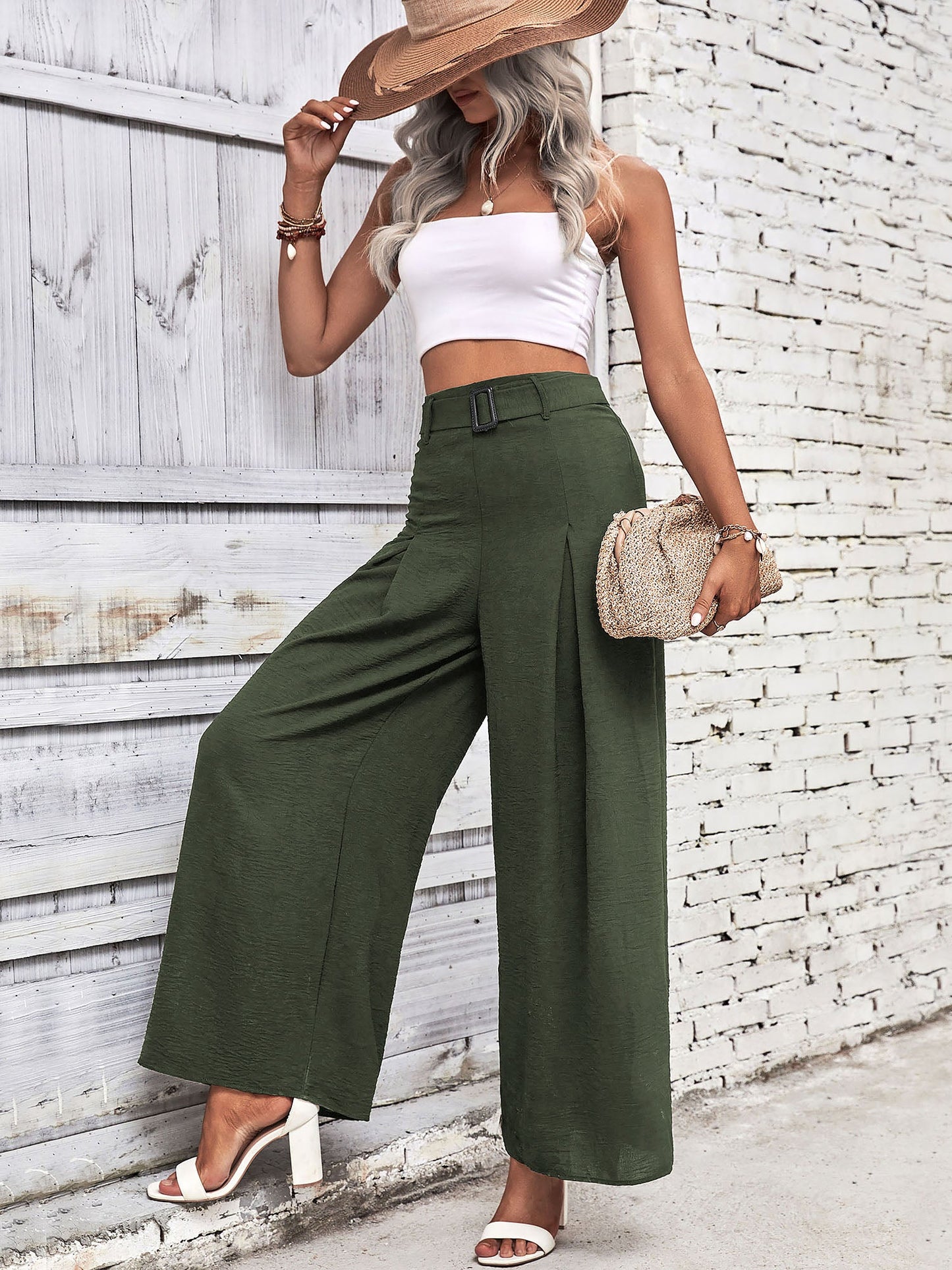 Solid Color Belted High Waist Pleated Wide Leg Pants