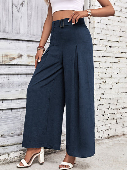 Solid Color Belted High Waist Pleated Wide Leg Pants