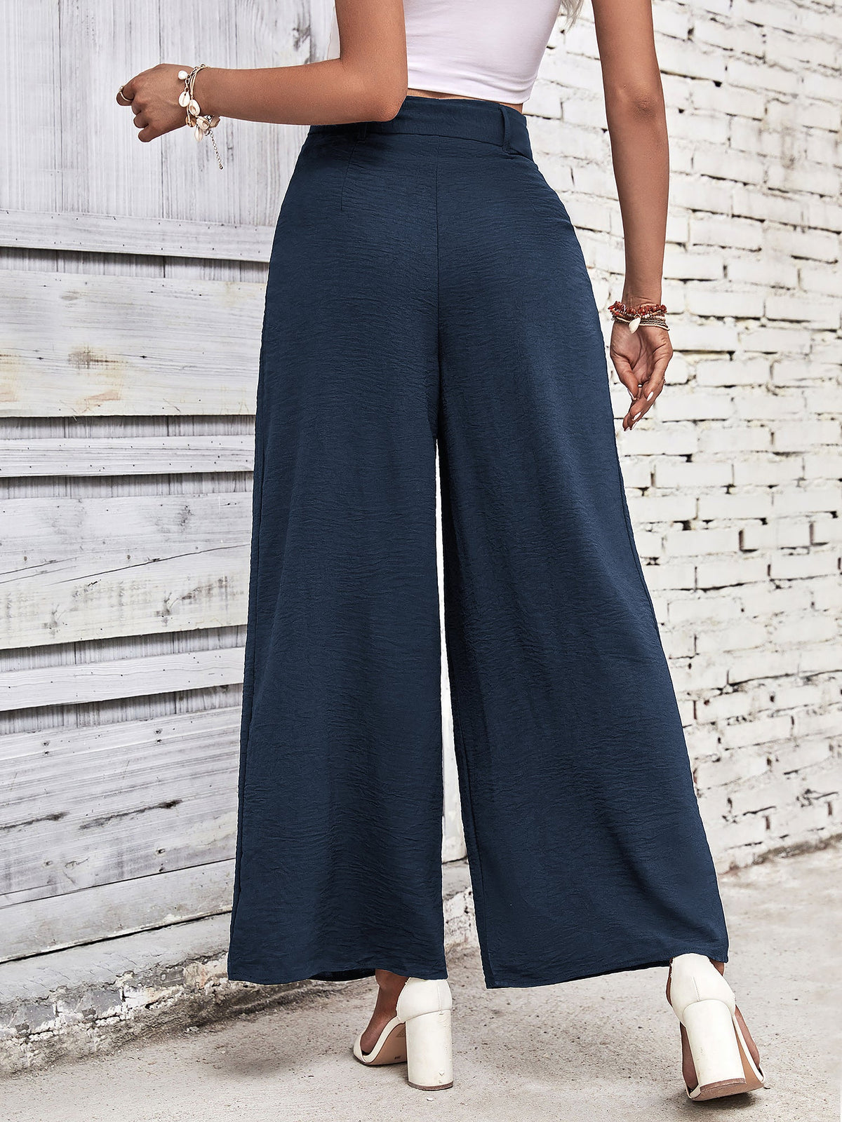 Solid Color Belted High Waist Pleated Wide Leg Pants