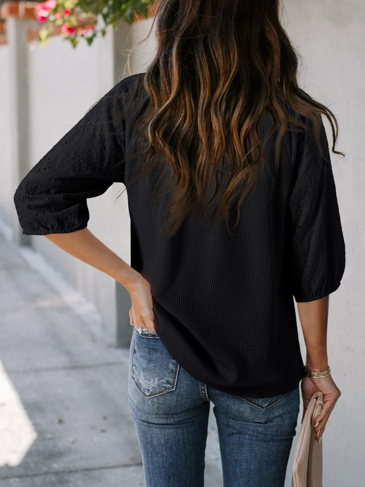 Solid Color V Neck 3/4 Sleeves Eyelet Blouse