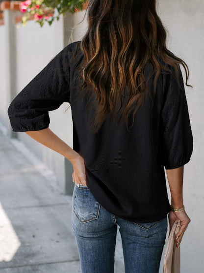 Solid Color V Neck 3/4 Sleeves Eyelet Blouse