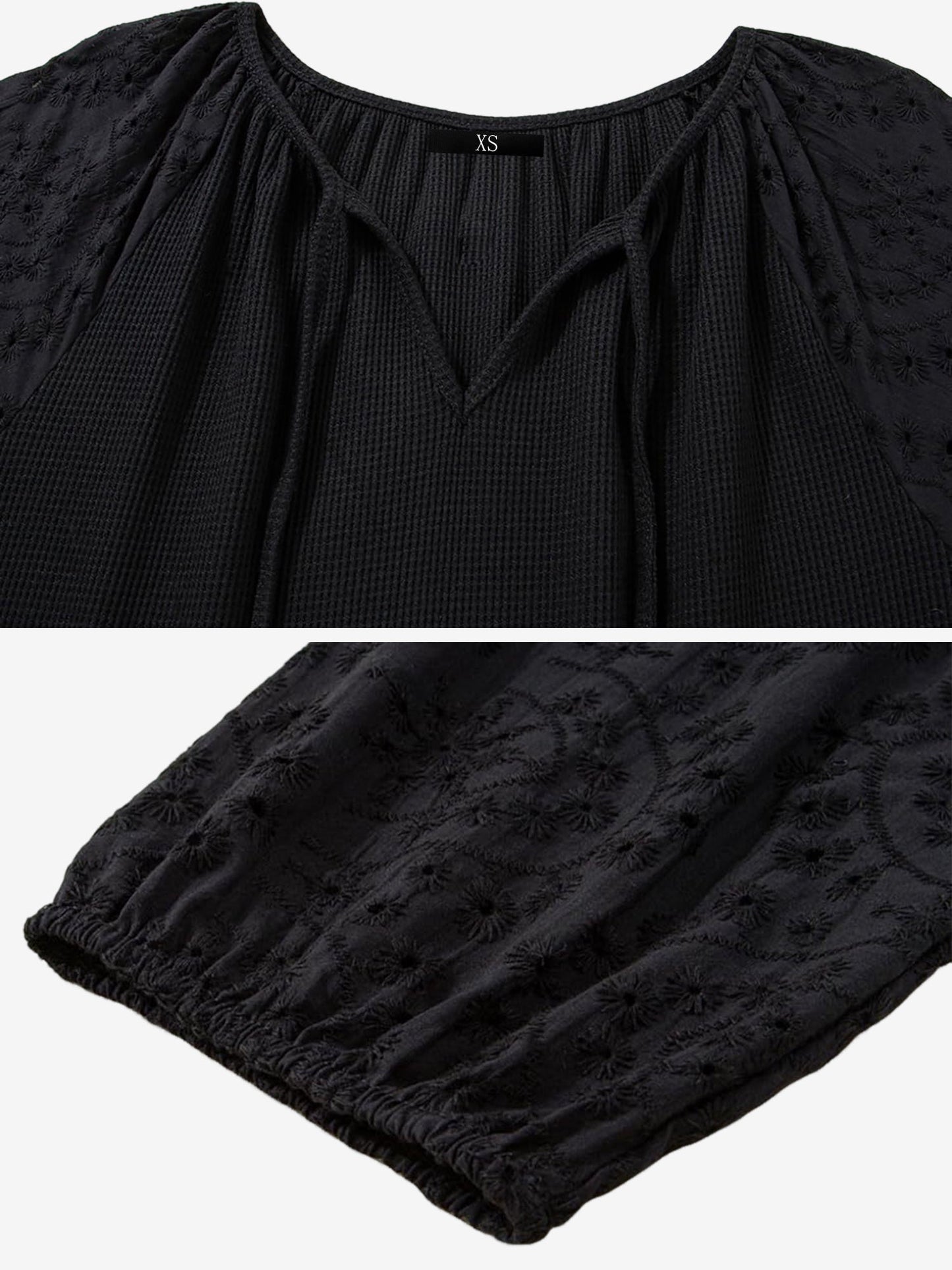 Solid Color V Neck 3/4 Sleeves Eyelet Blouse