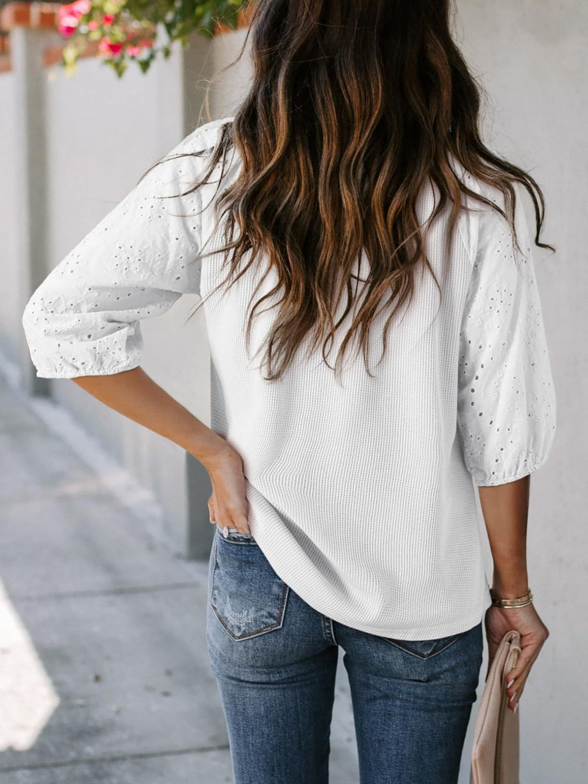 Solid Color V Neck 3/4 Sleeves Eyelet Blouse