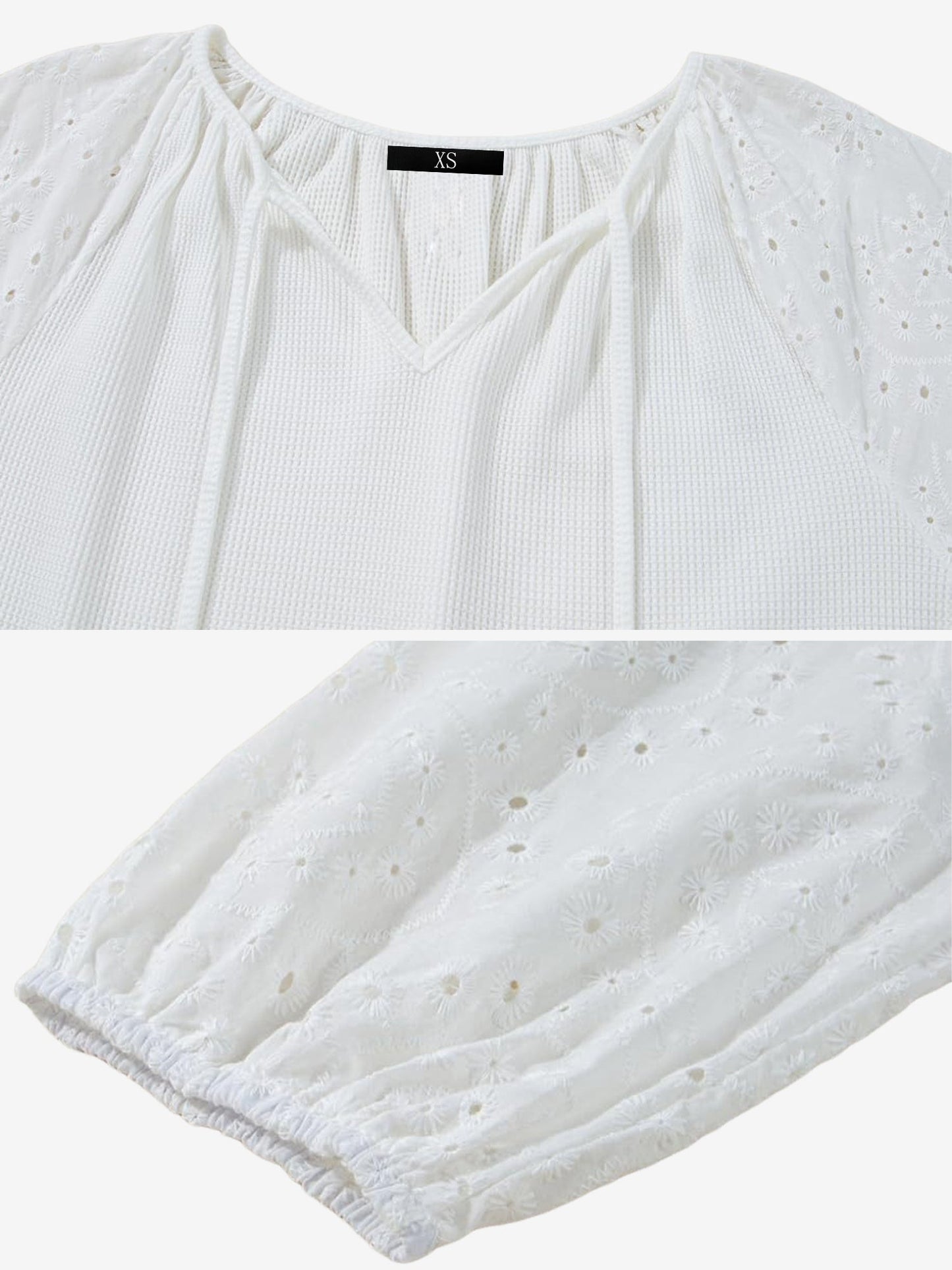 Solid Color V Neck 3/4 Sleeves Eyelet Blouse