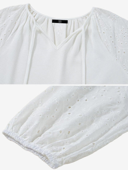 Solid Color V Neck 3/4 Sleeves Eyelet Blouse