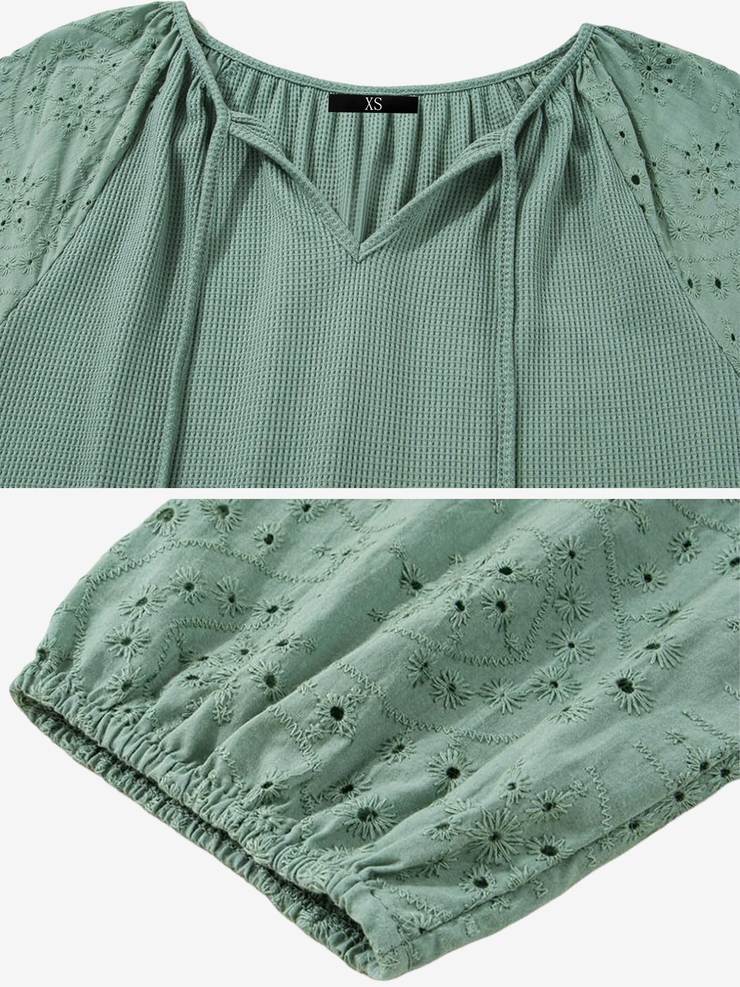 Solid Color V Neck 3/4 Sleeves Eyelet Blouse