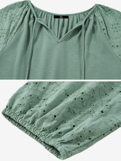 Solid Color V Neck 3/4 Sleeves Eyelet Blouse