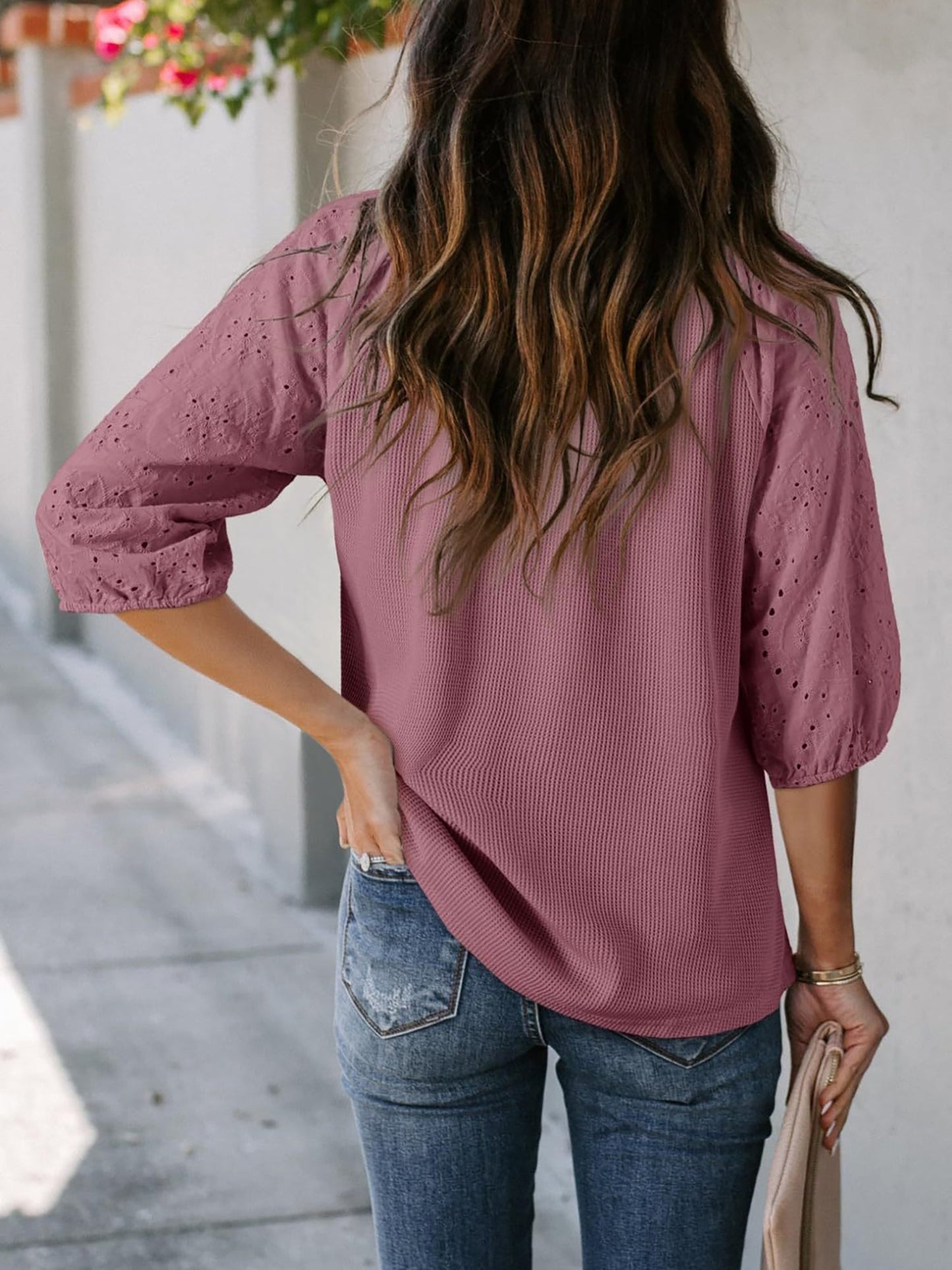 Solid Color V Neck 3/4 Sleeves Eyelet Blouse
