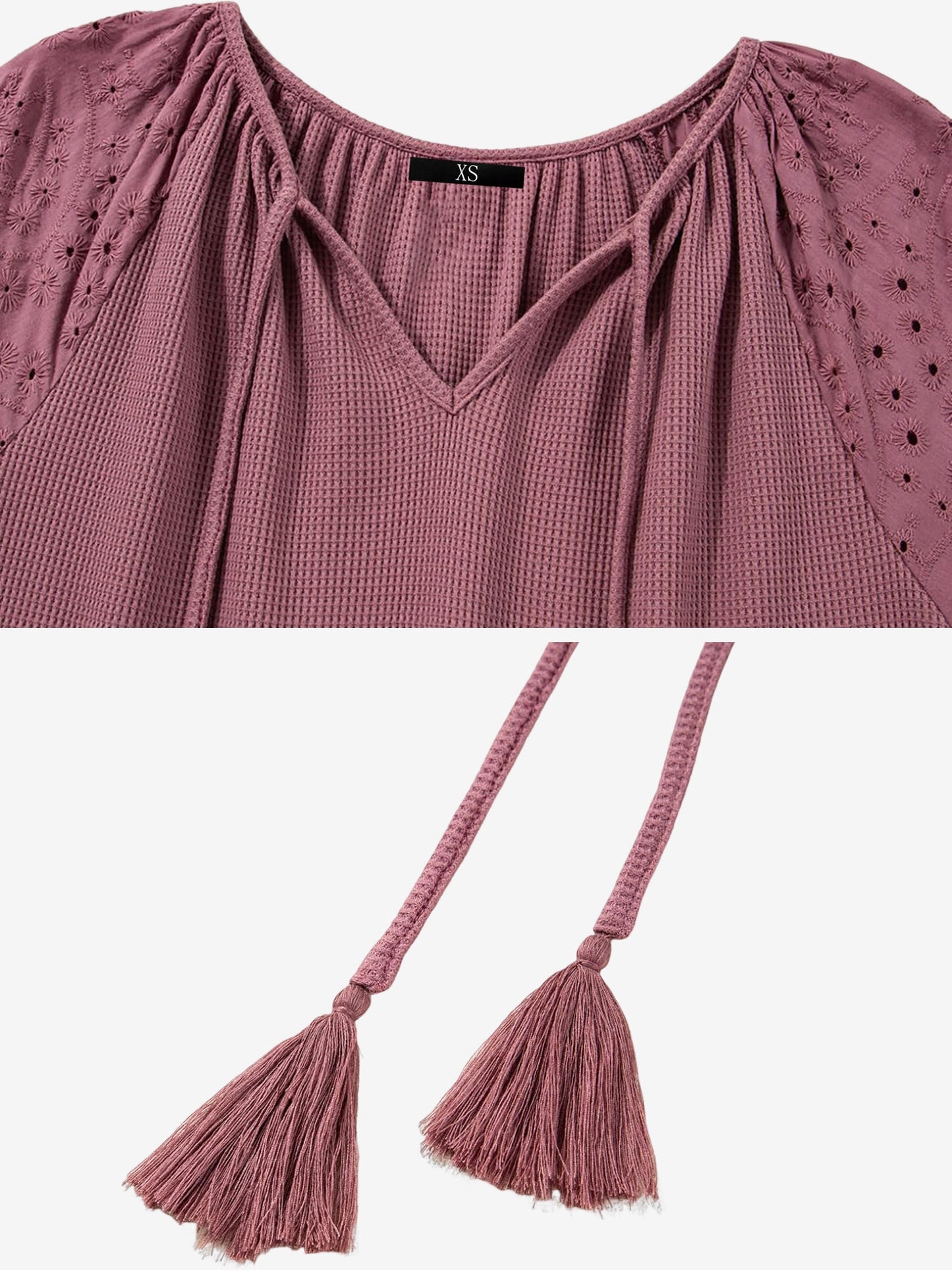 Solid Color V Neck 3/4 Sleeves Eyelet Blouse