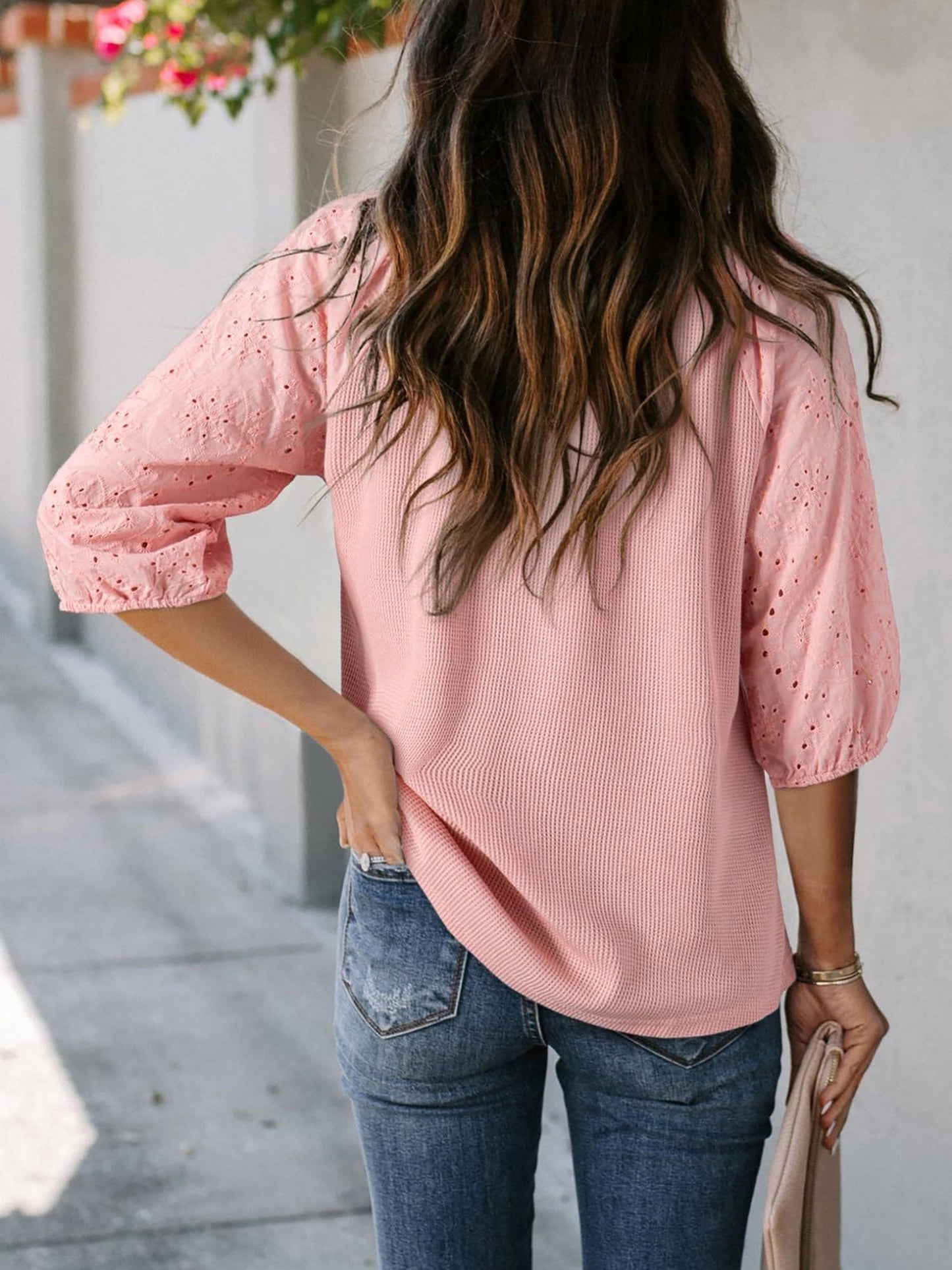 Solid Color V Neck 3/4 Sleeves Eyelet Blouse