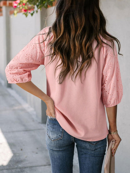 Solid Color V Neck 3/4 Sleeves Eyelet Blouse